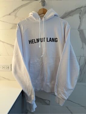 Helmut Lang White Hoodie with Black Logo - Men's Pullover